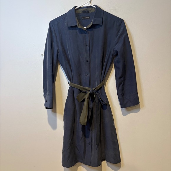 Emporio Armani Dresses & Skirts - Emporio Armani 100% Silk Womens Shirt Dress Sz 36 Blue Green Button Front Belted